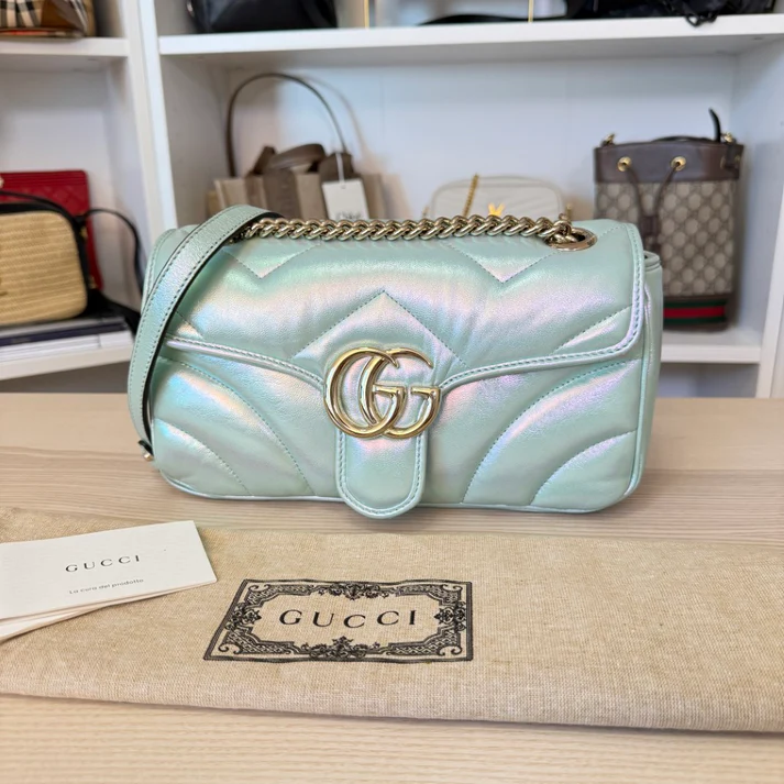 Gucci Iridescent Chevron Matelasse Small GG Marmont Shoulder Bag Iridescent Green