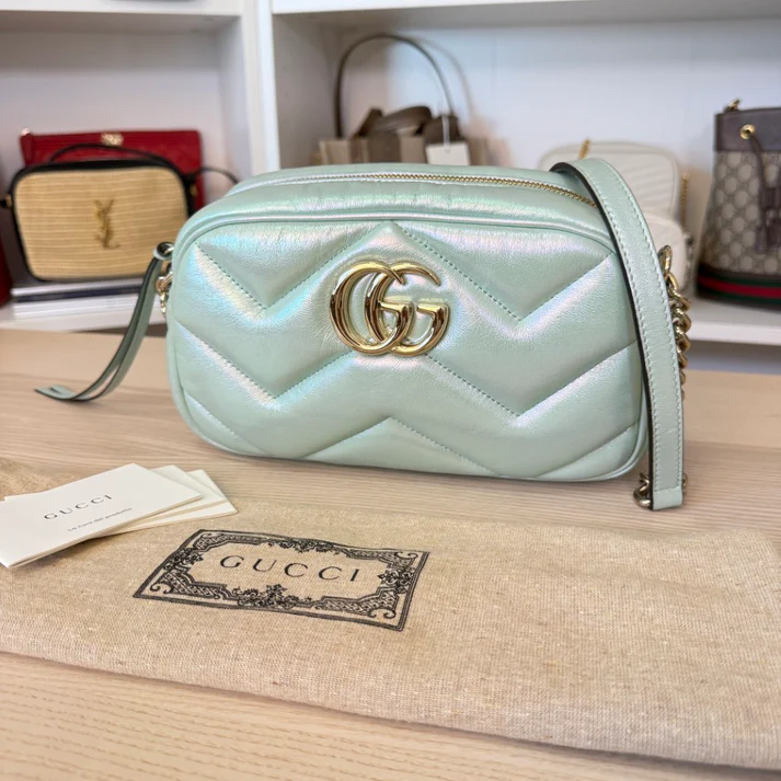 Gucci Chevron Matelasse Small GG Marmont Chain Shoulder Bag Iridescent Green