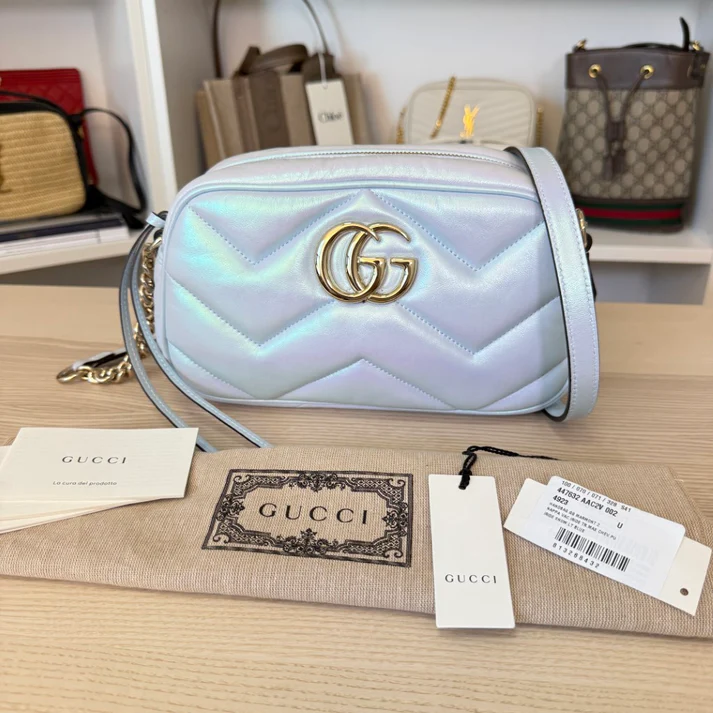 Gucci Chevron Matelasse Small GG Marmont Chain Shoulder Bag Iridescent Snow Light Blue