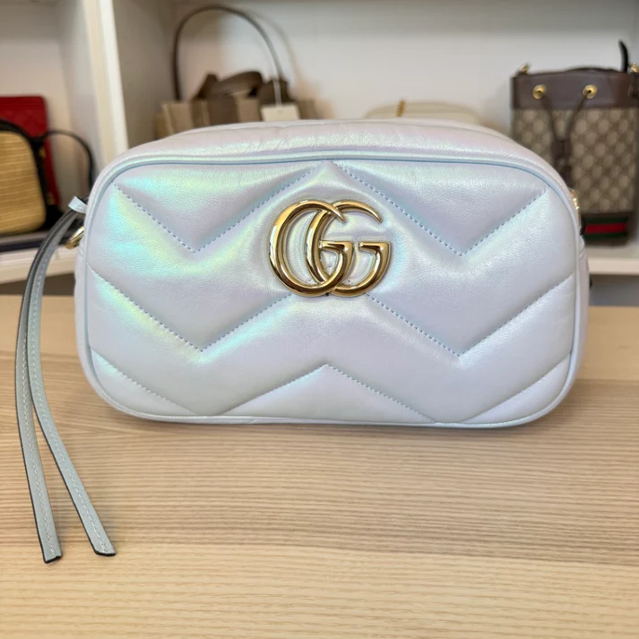 Gucci Chevron Matelasse Small GG Marmont Chain Shoulder Bag Iridescent Snow Light Blue - Image 2