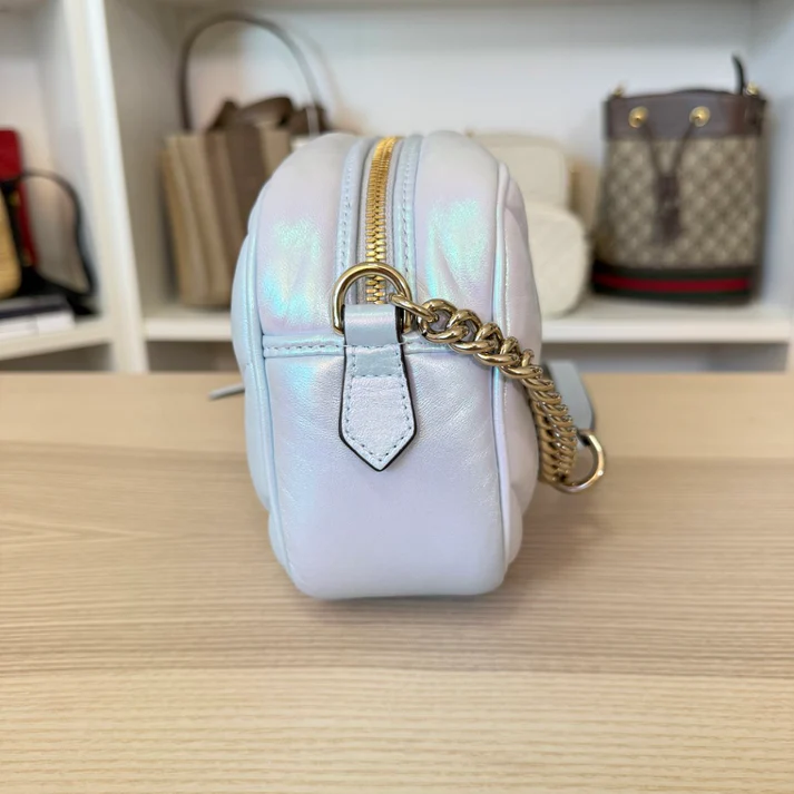 Gucci Chevron Matelasse Small GG Marmont Chain Shoulder Bag Iridescent Snow Light Blue - Image 5