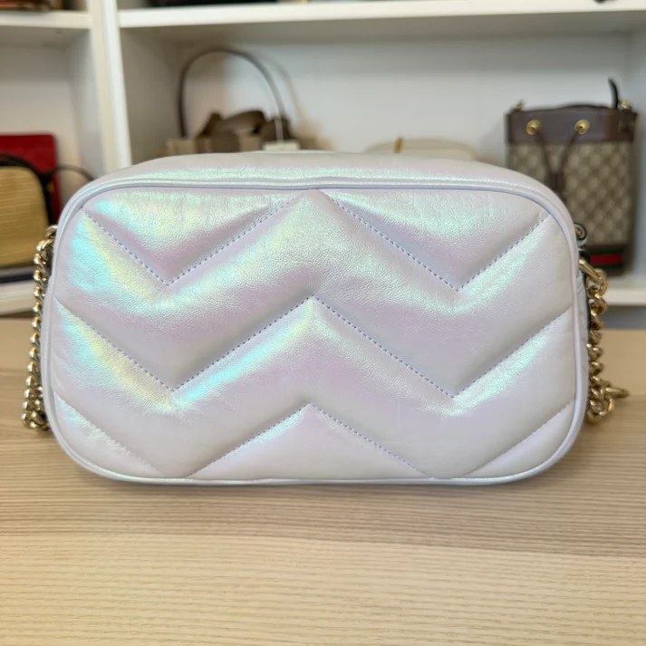 Gucci Chevron Matelasse Small GG Marmont Chain Shoulder Bag Iridescent Snow Light Blue - Image 3