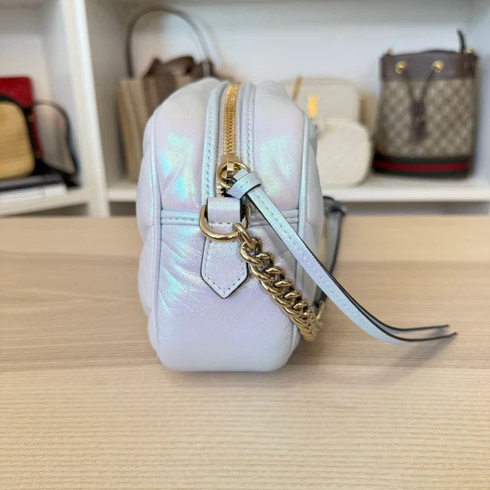 Gucci Chevron Matelasse Small GG Marmont Chain Shoulder Bag Iridescent Snow Light Blue - Image 4