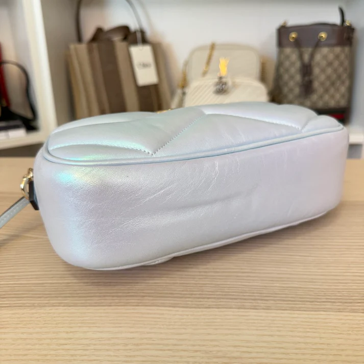 Gucci Chevron Matelasse Small GG Marmont Chain Shoulder Bag Iridescent Snow Light Blue - Image 6