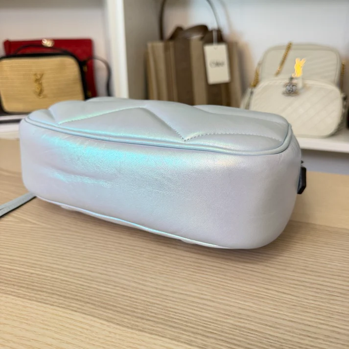 Gucci Chevron Matelasse Small GG Marmont Chain Shoulder Bag Iridescent Snow Light Blue - Image 7