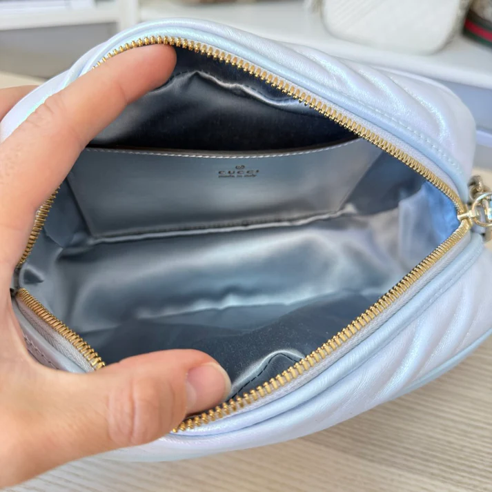 Gucci Chevron Matelasse Small GG Marmont Chain Shoulder Bag Iridescent Snow Light Blue - Image 8