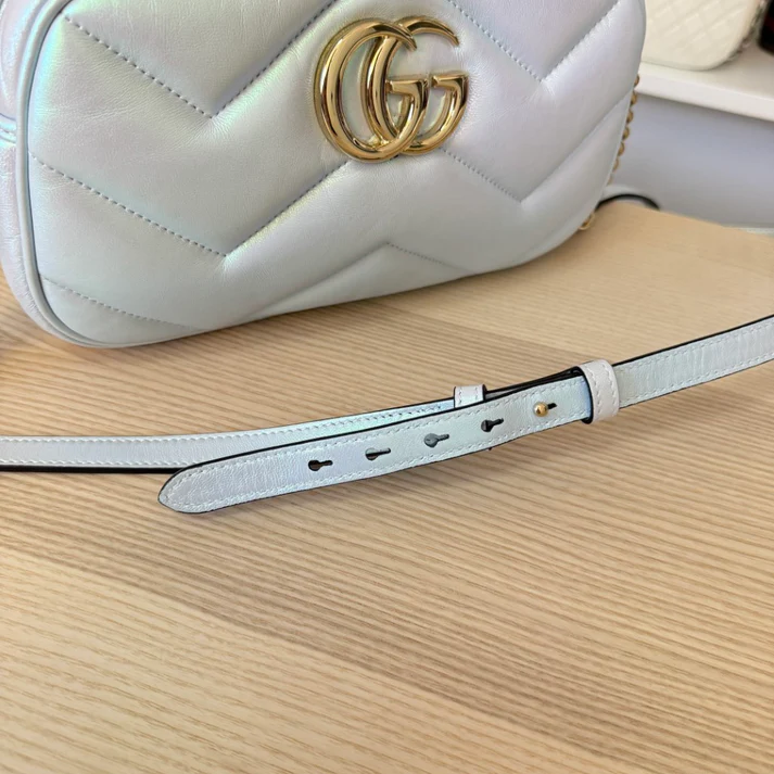 Gucci Chevron Matelasse Small GG Marmont Chain Shoulder Bag Iridescent Snow Light Blue - Image 9