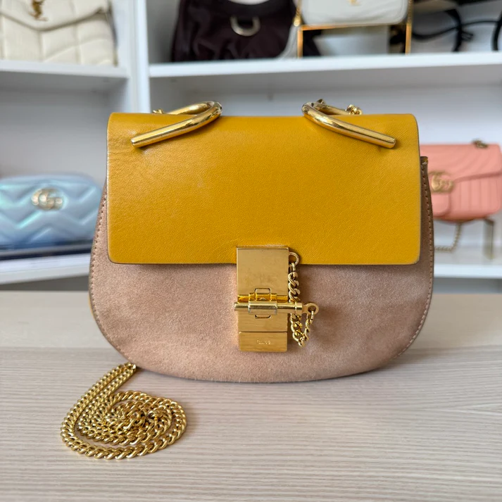 Chloé Suede Smooth Calfskin Mini Drew Shoulder Bag Mustard/Beige